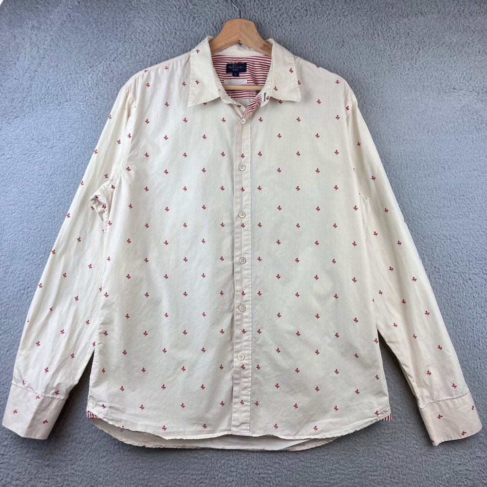Paul‎ Smith Jeans Cream Red Leaf Print Button Down Shirt Mens L Organic Cotton